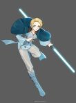  1girl alternate_costume blonde_hair blue_dress blue_footwear boots breasts commentary dress fire_emblem fire_emblem:_three_houses forehead full_body fur_trim green_eyes grey_background grey_pants highres holding_lightsaber ingrid_brandl_galatea long_sleeves looking_at_viewer medium_breasts pants parted_lips short_dress short_hair silvercandy_gum simple_background solo star_wars wide_sleeves 