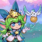  1girl :3 animal_ears bangs blue_eyes blush bow bowtie bush commentary day dress gloves grass green_bow green_bowtie green_skirt hair_bow large_bow league_of_legends long_hair looking_at_animal lulu_(league_of_legends) miniskirt multicolored_hair official_alternate_costume outdoors phantom_ix_row skirt smile star_(symbol) star_guardian_(league_of_legends) star_guardian_lulu symbol-only_commentary tree two-tone_hair white_dress white_gloves yordle 