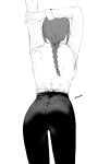  1girl absurdres arms_up ass braid braided_ponytail breasts chainsaw_man formal greyscale highres makima_(chainsaw_man) masoq095 medium_breasts monochrome pants shirt simple_background solo stretching twitter_username white_background 