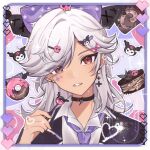  1boy animal_ears black_choker black_jacket blush border bow cake candy character_hair_ornament chocolate choker collared_shirt commentary_request cyno_(genshin_impact) dark-skinned_male dark_skin doughnut earrings eyes_visible_through_hair facial_mark fake_animal_ears food genshin_impact hair_bow hair_ornament hair_over_one_eye hairclip hand_up head_tilt heart holding holding_candy holding_food holding_lollipop jacket jewelry kuromi lapels lightning_bolt_symbol lollipop long_hair long_sleeves looking_at_viewer male_focus multicolored_background necktie onegai_my_melody open_clothes open_jacket parted_bangs parted_lips purple_background purple_bow purple_necktie red_eyes shirt sidelocks single_earring skull_hair_ornament solo sparkle swept_bangs swiss_roll upper_body watermark white_border white_hair white_shirt x_hair_ornament xiaoquantaohua 