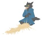  2022 absurd_res anthro bathrobe biped blush bodily_fluids canid canine canis clothing emetophilia fur green_blush hi_res looking_at_viewer male mammal nc31 open_mouth robe simple_background solo tail tongue vomit wolf 