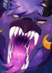  ambiguous_gender black_horn blue_eyes bodily_fluids fangs forked_tongue front_view fur hair hi_res horn lionfloof looking_at_viewer mouth_shot open_mouth pink_pupils pupils purple_body purple_fur purple_hair purple_tongue saliva saliva_on_tongue saliva_string short_hair solo teeth tongue tongue_out yellow_sclera 