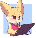  anthro blush brown_eyes clothing drawing drawing_tablet fur geometric_background half-length_portrait hi_res holding_object holding_pen league_of_legends male pen portrait riot_games shirt simple_background smite_(artist) smite_(character) solo tank_top topwear yellow_body yellow_fur yordle 