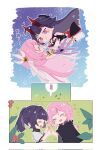  2girls ^_^ ahoge armor bare_shoulders black_coat black_hair blush chibi chinese_text closed_eyes closed_mouth coat elysia_(honkai_impact) elysia_(miss_pink_elf)_(honkai_impact) floating flower high_ponytail highres holding_hands honkai_(series) honkai_impact_3rd horns interlocked_fingers japanese_armor japanese_clothes koa0427 long_hair looking_at_another multiple_girls on_grass open_mouth pink_hair raiden_mei raiden_mei_(herrscher_of_thunder) red_flower red_horns shirt sky star_(sky) starry_sky white_headwear white_shirt 