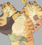  2023 angry anthro belly big_belly clothing convenient_censorship eyes_closed felid ginnosuke hi_res humanoid_hands kemono male mammal moobs multiple_poses overweight overweight_male pantherine pose shirt solo tiger topwear towel 