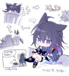  ... 2girls 6_(yuchae) ahoge angry animal_ears arm_scarf arrow_(symbol) asymmetrical_clothes bandaid bandaid_on_face bandaid_on_nose bare_legs black_footwear black_shorts blue_eyes blue_hair blue_scarf bone bronya_rand cat_ears cat_girl closed_mouth crossed_legs fingerless_gloves gloves grey_hair hair_between_eyes honkai:_star_rail honkai_(series) in_trash_can korean_commentary korean_text long_hair looking_at_viewer multiple_girls red_scarf scarf seele_(honkai:_star_rail) shorts simple_background sitting speech_bubble translation_request trash_bag trash_can v-shaped_eyebrows white_background 