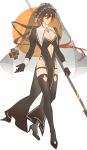  1boy absurdres alternate_costume bare_pectorals black_thighhighs earrings genshin_impact high_heels highres holding holding_weapon jewelry navel nun pectorals ppttlyr single_earring solo thigh_strap thighhighs thighs veil weapon zhongli_(genshin_impact) 