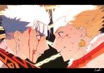 2boys blonde_hair blood blood_on_face blue_hair chain clenched_teeth cu_chulainn_(fate) earrings eyelashes face-to-face fang fate/stay_night fate_(series) from_side fur_trim furrowed_brow gilgamesh_(fate) gold_earrings hal_(haaaalhal) jewelry letterboxed male_focus multiple_boys ponytail profile red_eyes signature silver_earrings teeth 