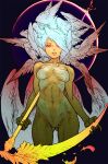  black_background bodypaint breasts claws colored_skin cropped_legs eclipse feathered_wings feathers fingernails highres holding holding_scythe looking_at_viewer medium_breasts midriff navel no_genitals no_nipples nude orange_eyes orange_skin original parted_lips scythe sharp_fingernails solar_eclipse white_hair white_wings wing-shaped_hair wings yoshikawa_tatsuya 