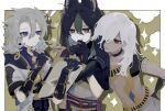  3boys albedo_(genshin_impact) animal_ear_fluff animal_ears black_choker black_gloves black_hair blue_eyes choker closed_mouth cyno_(genshin_impact) dark-skinned_male dark_skin earrings fox_boy fox_ears genshin_impact gloves grey_hair hair_between_eyes hair_over_one_eye hand_on_own_hip highres holding jewelry long_hair male_focus multiple_boys open_mouth red_eyes scar scar_on_neck shaded_face single_earring sparkle squiggle takananana tighnari_(genshin_impact) vision_(genshin_impact) 