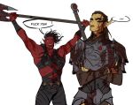  2girls armor arms_up axe baldur&#039;s_gate baldur&#039;s_gate_3 banished_shadow battle_age blood colored_skin crossed_arms demon_girl demon_horns dungeons_and_dragons fangs gith_(dungeons_and_dragons) holding holding_axe horns karlach_(baldur&#039;s_gate) lae&#039;zel_(baldur&#039;s_gate) looking_at_viewer multiple_girls one_eye_closed open_mouth parted_lips pinty_ears red_skin simple_background speech_bubble standing teeth tiefling upper_teeth_only white_background yellow_eyes 