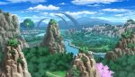  blue_sky building bush cherry_blossoms cloud cloudy_sky highres hill landscape mountain mountainous_horizon no_humans original path plant plateau river riverbank scenery sign sky tree water waterfall watermark yu02257951 