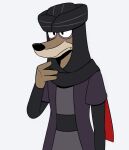  2020 anthro arabian_wolf biped black_nose brown_body canid canine canis clothed clothing disney ducktales ducktales_(2017) fangs faris_djinn front_view fully_clothed half-length_portrait headgear headwear hi_res male mammal portrait religious_clothing religious_headwear shinsgarbages simple_background solo teeth turban white_background wolf 