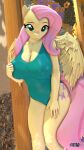  3d_(artwork) anthro anthrofied anthroponiessfm big_breasts breasts cleavage clothed clothing digital_media_(artwork) equid equine eyelashes feathers female fluttershy_(mlp) friendship_is_magic hair hasbro hi_res mammal my_little_pony one-piece_swimsuit pegasus pink_hair solo swimwear wings yellow_body yellow_feathers 