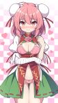  1girl bandaged_arm bandages bra closed_mouth green_skirt heart highres ibaraki_kasen navel panties pink_bra pink_eyes pink_hair pink_panties rizento shirt short_hair short_sleeves skirt solo touhou underwear white_shirt 