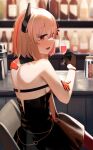  1girl absurdres bar_(place) bare_shoulders black_dress black_gloves blonde_hair blurry blurry_background cup dress drinking_glass fang from_behind girls&#039;_frontline gloves highres hinami047 holding holding_cup long_hair m4_sopmod_ii_(devourer_of_the_feast)_(girls&#039;_frontline) m4_sopmod_ii_(girls&#039;_frontline) mechanical_arms multicolored_hair official_alternate_costume on_chair open_mouth red_eyes red_hair single_mechanical_arm sitting sleeveless sleeveless_dress smile solo wine_glass 