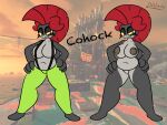  anthro areola big_breasts bottomwear breasts clothed clothing cohock_(splatoon) eyelashes female fish frown genitals green_bottomwear green_clothing green_pants grey_areola grey_body grey_nipples grey_scales hair hand_on_hip hi_res huge_breasts looking_at_viewer marine mohawk narrowed_eyes navel nintendo nipples nude octo_toaster overweight overweight_female pants pussy red_eyes red_hair salmon salmonid_(fish) salmonid_(splatoon) scales solo splatoon suspenders text thick_thighs wide_hips yellow_sclera 