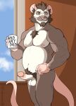  2021 anthro balls beard belly biceps body_hair bulge chest_hair coffee_mug erection facial_hair genitals hand_on_hip hi_res inside looking_at_viewer male mammal manly mature_male murid murine musclegut muscular navel nipples nude penis pubes rat rodent sabercundo slightly_chubby solo triceps 