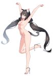  1girl :o absurdres animal_ears armpits arms_up black_hair breasts cat_ears cat_girl cat_tail completely_nude full_body green_eyes grey_footwear high_heels highres leg_up long_hair low_twintails medium_breasts navel nipples nude open_mouth original simple_background solo standing standing_on_one_leg stomach tail twintails very_long_hair white_background xiaoxi0619 