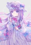  bow crescent crescent_hat_ornament dress frills hair_bow hat hat_ornament hiyuu_(hiyualice) long_hair mob_cap patchouli_day patchouli_knowledge purple_eyes purple_hair striped striped_dress touhou vertical-striped_dress vertical_stripes 