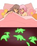  atram bed blanket blue_eyes brown_hair glow-in-the-dark highres honkai:_star_rail honkai_(series) long_hair march_7th_(honkai:_star_rail) multicolored_eyes on_bed open_mouth pillow pink_eyes pink_hair stelle_(honkai:_star_rail) toy_dinosaur trailblazer_(honkai:_star_rail) twitter_username under_covers yellow_eyes yuri 