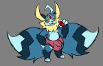  2_tails anthro auriclepus ball_bulge big_ears big_tail blue_body blue_fur bulge cheek_tuft clothed clothing facial_tuft fur gem hi_res huge_tail multi_tail mythological_carbuncle mythology neck_tuft nonbinary_(lore) open_mouth partially_clothed red_eyes sharp_teeth short solo tail teeth tome_(auriclepus) tuft underwear 