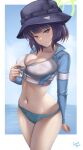  1girl absurdres bikini bikini_bottom_only blue_archive blue_eyes blue_sky breasts bucket_hat caiman_pool cleavage commentary_request green_halo halo hat highres large_breasts long_sleeves navel ocean partially_unzipped purple_hair raglan_sleeves rash_guard saki_(blue_archive) saki_(swimsuit)_(blue_archive) short_hair sky solo stomach sweatdrop swimsuit unzipped wet 