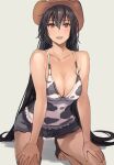  1girl alternate_costume animal_print barefoot black_hair black_shorts breasts brown_eyes cleavage commentary cow_print cowboy_hat grey_background hair_between_eyes hands_on_own_knees hat highres kantai_collection kasumi_(skchkko) kneeling large_breasts long_hair nagato_(kancolle) parted_lips short_shorts shorts simple_background solo tank_top very_long_hair 