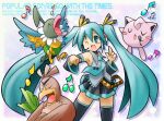  1girl ;d bird black_skirt black_sleeves black_thighhighs blue_eyes blue_hair chatot collared_shirt commentary_request detached_sleeves drop_shadow duck farfetch&#039;d grey_shirt hair_between_eyes hair_ribbon hatsune_miku jigglypuff legs_apart long_hair microphone miniskirt musical_note one_eye_closed open_mouth parrot pleated_skirt pokemon pokemon_(creature) rascal ribbon shirt skirt sleeveless sleeveless_shirt smile solo spring_onion standing thighhighs twintails very_long_hair vocaloid zettai_ryouiki 