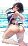  1girl ahoge aqua_eyes ass barefoot black_hair black_one-piece_swimsuit breasts commentary_request commission competition_swimsuit feet_out_of_frame hachirou_(crazy318) highres hitachi_mako kneeling kunai looking_at_viewer looking_back medium_breasts one-piece_swimsuit pixiv_commission senren_banka short_hair short_hair_with_long_locks solo swimsuit two-tone_swimsuit weapon 