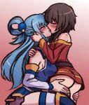  2girls absurdres aqua_(konosuba) ass ass_grab bare_shoulders belt blue_hair blue_shirt blue_skirt blush breasts brown_hair closed_eyes commission detached_sleeves dress french_kiss grabbing_another&#039;s_ass gradient_background groping hand_on_another&#039;s_head hand_on_another&#039;s_shoulder highres kiss kono_subarashii_sekai_ni_shukufuku_wo! long_hair lord_guyis medium_breasts megumin multiple_girls red_background red_dress shirt short_hair short_hair_with_long_locks simple_background sitting skirt thighhighs tongue tongue_out white_sleeves yuri 