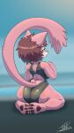  anthro big_butt butt clothing domestic_cat felid feline felis female fluffy fluffy_tail fur hi_res isea_(turkojar) looking_at_viewer looking_back looking_back_at_viewer mammal one-piece_swimsuit paws pink_body pink_fur pinup poolside pose solo swimwear tail thick_thighs turkojar wide_hips 