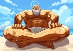  1boy bald beach beard crossed_legs facial_hair fundoshi gouken hands_on_own_legs highres japanese_clothes looking_at_viewer muscular muscular_male old old_man shine street_fighter white_hair yagi2013 