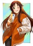  1girl ;d black_pants blush brown_hair cellphone hair_ornament hairpin hand_in_pocket himekawa_yuki holding holding_phone idolmaster idolmaster_cinderella_girls jacket kaiso_(kaisooekaki) letterman_jacket long_hair looking_at_viewer one_eye_closed orange_jacket outside_border pants phone smile solo teeth upper_teeth_only very_long_hair 