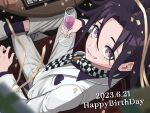  1boy 2023 black_hair black_socks breast_pocket checkered_necktie confetti cup danganronpa_(series) danganronpa_v3:_killing_harmony dated from_above glass grin highres holding holding_cup jacket mokemokeeeee necktie official_alternate_costume oma_kokichi pants parted_bangs pink_eyes pocket purple_shirt shirt smile socks soda solo table teeth white_jacket white_pants 