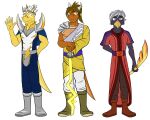  5:4 anthro avian boots clothed clothing dragon footwear fuze glowing_sword group hi_res male melee_weapon nipples robe scalie simple_background sword trio weapon western_dragon white_background 