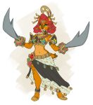  2023 alternate_species anthro breath_of_the_wild clothing dual_wielding felid female fur furrification green_eyes hair hi_res holding_object holding_weapon looking_at_viewer machairodontine mammal melee_weapon navel nintendo punkinbuu red_hair riju simple_background solo sword the_legend_of_zelda weapon 
