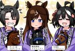  3girls =_= absurdres ahoge annoyed aramori_susumu black_hair brown_hair closed_eyes closed_mouth commentary_request duramente_(umamusume) hair_between_eyes hair_ornament highres horse horse_girl kitasan_black_(umamusume) long_hair looking_at_viewer medium_hair multiple_girls open_mouth satono_crown_(umamusume) school_uniform simple_background tracen_school_uniform translation_request umamusume 