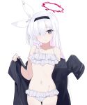  1girl :&lt; @_@ absurdres bare_shoulders bikini black_coat black_hairband blue_archive braid coat collarbone commentary cowboy_shot feza_chen_(ushaku) flat_chest frilled_bikini frills grey_eyes groin hair_over_one_eye hair_ribbon hairband halo hands_up highres light_blush long_hair long_sleeves looking_at_viewer navel plana_(blue_archive) ribbon simple_background solo stomach swimsuit thighs white_background white_bikini white_ribbon 