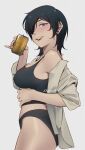  1girl beer_can black_hair black_panties black_tank_top breasts can chainsaw_man chocorut covered_nipples crop_top eyepatch hand_on_own_stomach highres himeno_(chainsaw_man) large_breasts looking_at_viewer off_shoulder open_clothes open_shirt panties short_hair simple_background smile solo sweatdrop tank_top thighs underwear 