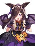  1girl animal_ears black_bow black_bowtie bow bowtie brown_hair claw_pose fangs gloves hair_over_one_eye halloween highres horse_ears horse_girl long_hair looking_at_viewer make_up_in_halloween!_(umamusume) official_alternate_costume puffy_short_sleeves puffy_sleeves purple_eyes purple_gloves rice_shower_(make_up_vampire!)_(umamusume) rice_shower_(umamusume) salt_(salty) shirt short_sleeves solo umamusume white_shirt 