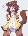  anthro bodily_fluids canid canine canis claws collar coopitchu diaper domestic_dog female hi_res hololive korone_inugami looking_at_viewer mammal open_mouth pawpads smile solo standing sweat sweatdrop tongue vtuber 