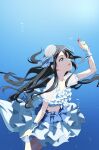  1girl black_hair blue_skirt breasts bubble cleavage collarbone commentary gorilla-shi grey_eyes highres holding long_hair love_live! love_live!_nijigasaki_high_school_idol_club midriff skirt solo symbol-only_commentary underwater yuuki_setsuna_(love_live!) 
