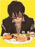  1boy ageage_dama_s beard black_hair cherry_tomato closed_eyes egg_(food) facial_hair food fork highres japanese_flag nicholas_d._wolfwood rice simple_background solo sunglasses table_knife tomato trigun yellow_background 