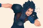  1boy armor belt black_hair blue_eyes blue_gloves blue_shirt blush crisis_core_final_fantasy_vii final_fantasy final_fantasy_vii gloves hair_slicked_back holding holding_phone male_focus open_mouth parted_bangs phone shirt short_hair shoulder_armor shouting siotomato solo suspenders upper_body zack_fair 