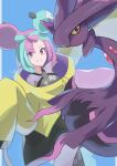  1girl blue_background bow-shaped_hair character_hair_ornament dusk_poke27 green_hair grey_pantyhose grey_shirt grin hair_ornament highres iono_(pokemon) jacket long_hair looking_at_viewer mismagius mixed-language_commentary multicolored_hair pantyhose pink_hair pokemon pokemon_(creature) pokemon_(game) pokemon_sv purple_eyes shirt signature sleeveless sleeveless_shirt sleeves_past_fingers sleeves_past_wrists smile teeth two-tone_hair yellow_jacket 