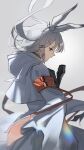  1girl animal_ear_fluff animal_ears arknights armband black_gloves cape from_side frostnova_(arknights) gloves grey_background grey_cape grey_eyes hair_ornament hairclip hand_up highres hood hood_down long_hair looking_at_hand looking_to_the_side nanase_(nanase_cg) orange_armband rabbit_ears rabbit_girl reunion_logo_(arknights) scar scar_on_face scar_on_nose simple_background solo upper_body white_hair 