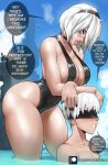 1boy 1girl absurdres beach black_choker black_nails blindfold blue_eyes breasts choker curvy echo_saber english_commentary english_text highres large_breasts nail_polish nier:automata nier_(series) one-piece_swimsuit short_hair sky speech_bubble swimsuit thick_thighs thighs white_hair yorha_no._2_type_b yorha_no._9_type_s 