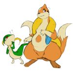  2016 2_tails 3_toes 4_fingers alpha_channel belly biped black_nose colored duo exclamation_point feet female feral fingers floatzel fur generation_4_pokemon generation_5_pokemon genitals green_body green_skin hi_res looking_away multi_tail nintendo nude open_mouth orange_body orange_fur orange_tail pokemon pokemon_(species) pussy question_mark red_eyes roy_mccloud simple_background size_difference sketch slightly_chubby snivy standing tail teeth toes transparent_background 