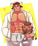  1boy abs animal_ears bara bare_pectorals brown_eyes brown_hair bulge cow_boy cow_ears cow_horns dark-skinned_male dark_skin feet_out_of_frame fiery_horns forked_eyebrows glowing_horns highres holding holding_stuffed_toy hood hood_down hooded_jacket horns jacket large_pectorals male_focus muscular muscular_male navel official_alternate_costume open_clothes open_jacket pajamas pectorals ramusyutarou short_hair sideburns smile solo spiked_hair standing stomach stuffed_animal stuffed_toy thick_eyebrows tokyo_afterschool_summoners wakan_tanka white_pajamas 